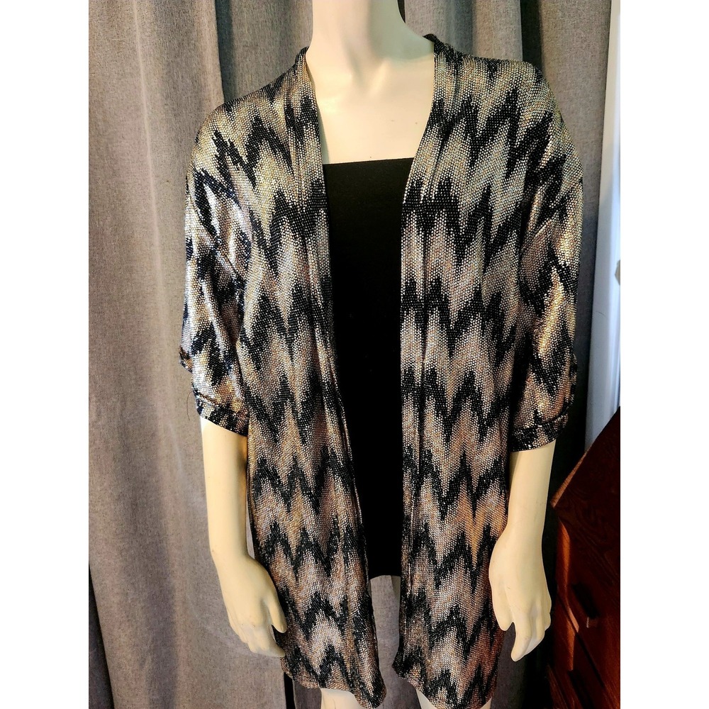 AORI black gold silver‎ metallic geometric print open front cardigan 1X Made USA